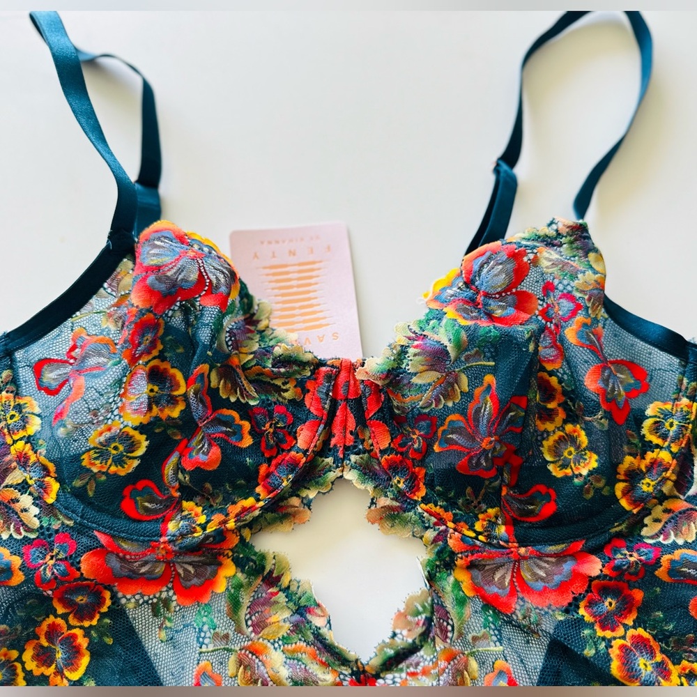 Savage X FENTY embroidered Floral one piece, Size L.  New with Tags